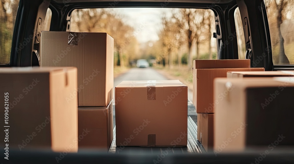 Poster delivery process with open van showing cardboard boxes ready for shipment amidst sunlit trees and a 