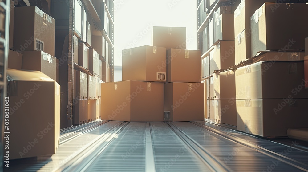Poster sunlit warehouse with stacked cardboard boxes and shadows creating an ambient atmosphere perfect for