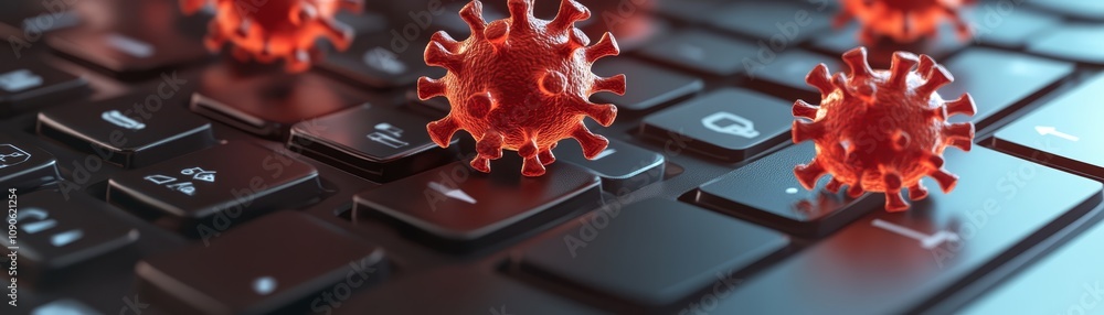 Poster digital viruses infecting computer keyboard, cybersecurity threat to data and system security