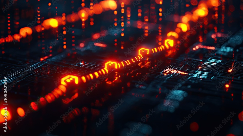 Poster futuristic abstract background of digital data flow with glowing red nodes and circuit patterns for 