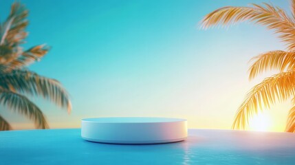 Obraz premium Serene tropical escape, white bowl on blue table with palm trees in background 