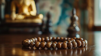 Obraz premium Elegant Prayer Beads on a Wooden Table in a Serene Meditation Space with a Buddha Sculpture in the Background exuding Peace and Tranquility