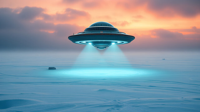 A mysterious UFO hovers above a frozen landscape, casting an eerie blue light as it prepares for an unknown encounter