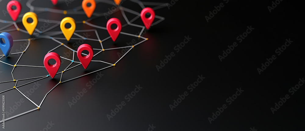 Poster digital trucks, smart logistics concept. abstract network of location pins on a dark background repr