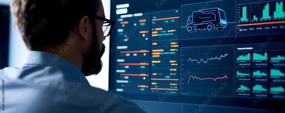 Poster digital trucks, smart logistics concept. professional analyzing data on digital screen with colorful