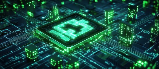 Fototapeta premium Glowing green CPU with circuitry.
