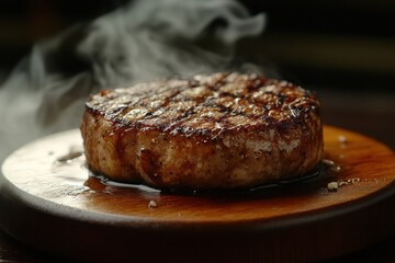 A photograph of a medium-rare steak on a wooden plate, presented with gourmet finesse.