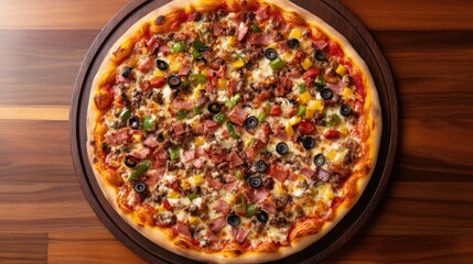 Delicious and Colorful Pizza Topped with Fresh Vegetables, Savory Meat, and Melted Cheese on a Wooden Surface Perfect for Food Photography and Culinary Use
