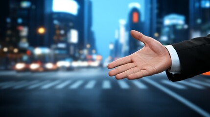 Urban business navigation, professional in suit points towards city street opportunities