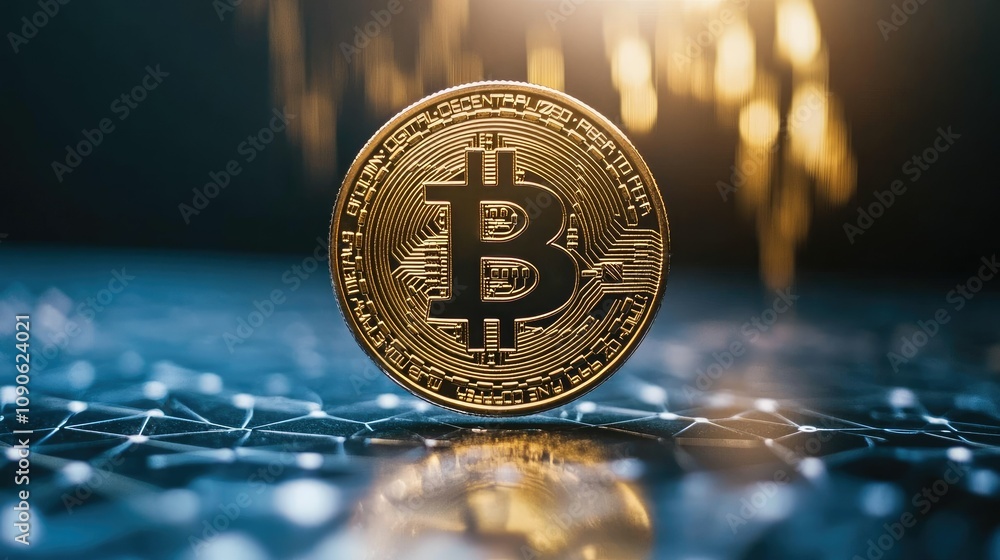 Poster a close-up of a gold bitcoin coin standing on a dark surface amidst digital elements, representing t