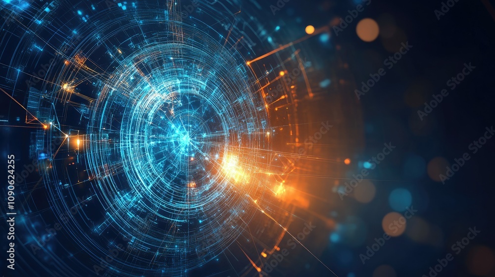 Poster futuristic abstract data visualization with glowing circles and lines in blue and orange colors, ide
