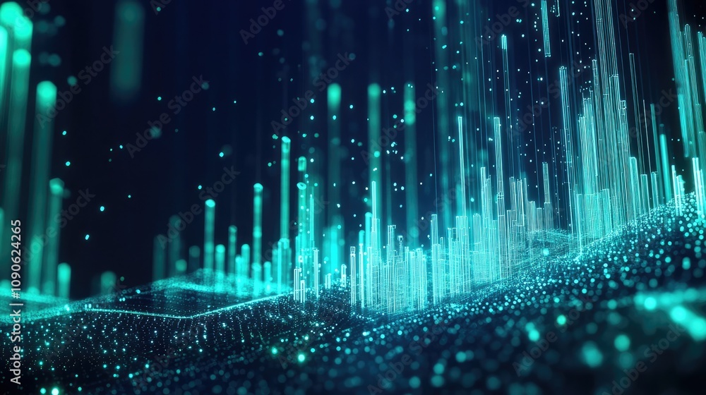 Poster abstract digital background with light particles and wave patterns representing data visualizations 