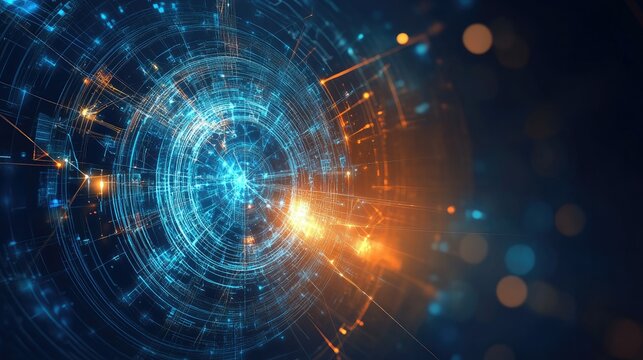 Futuristic Abstract Data Visualization with Glowing Circles and Lines in Blue and Orange Colors, Ideal for Concept of Technology and Innovation