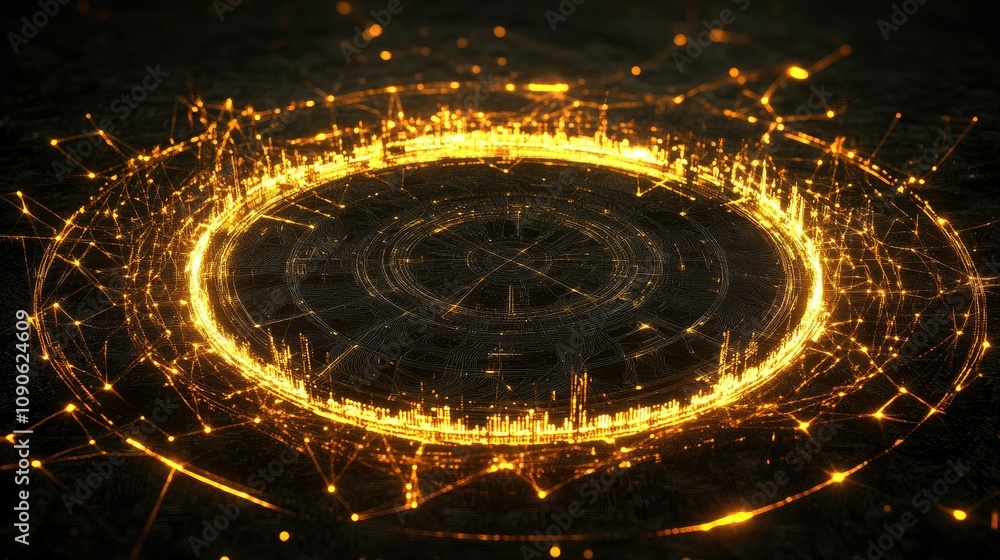 Poster abstract glowing circular pattern with bright sparks and shimmering lines on a dark background repre