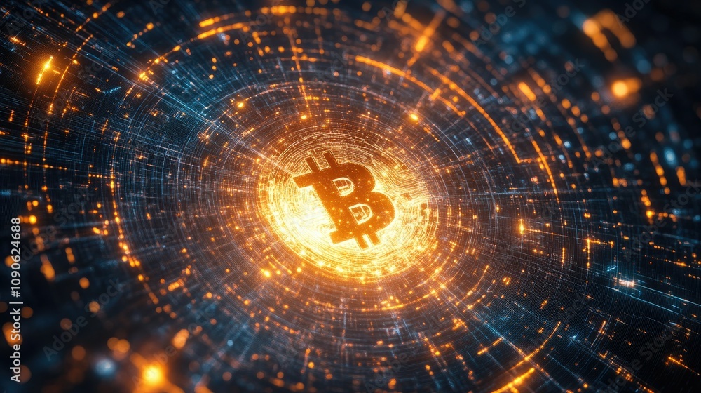 Poster abstract digital art depicting cryptocurrency concept with bitcoin symbol surrounded by bright parti