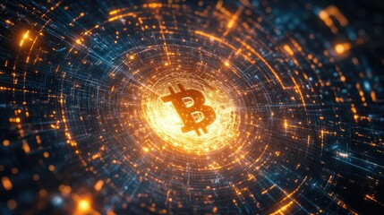 Fototapeta premium Abstract Digital Art Depicting Cryptocurrency Concept with Bitcoin Symbol Surrounded by Bright Particle Effects and Dynamic Light Trails in Futuristic Style