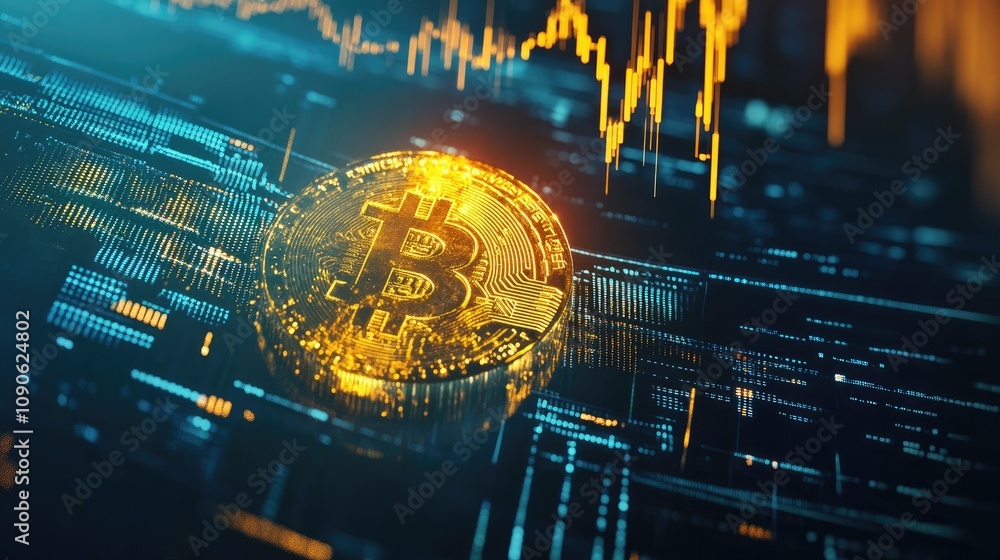 Poster futuristic visualization of bitcoin with bright golden coin and digital financial chart representing