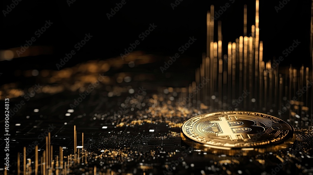 Poster cryptocurrency market concept with golden bitcoin on digital background featuring financial data vis