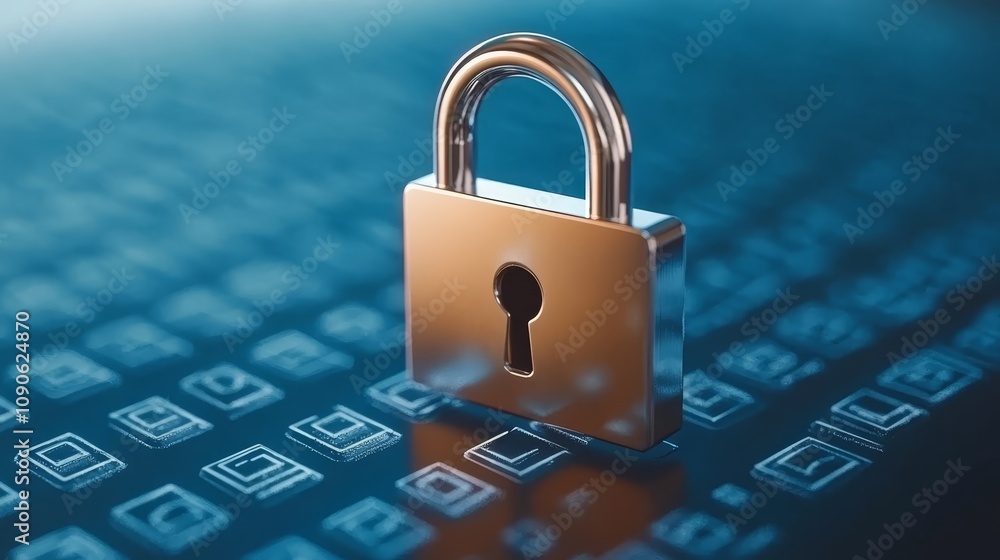 Poster cybersecurity and data protection, padlock on keyboard symbolizing online safety privacy in the digi