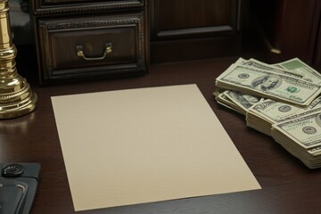 A desk scene featuring a blank sheet of paper and stacks of cash.