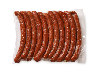 Pack of dry smoked sausages isolated on white, top view