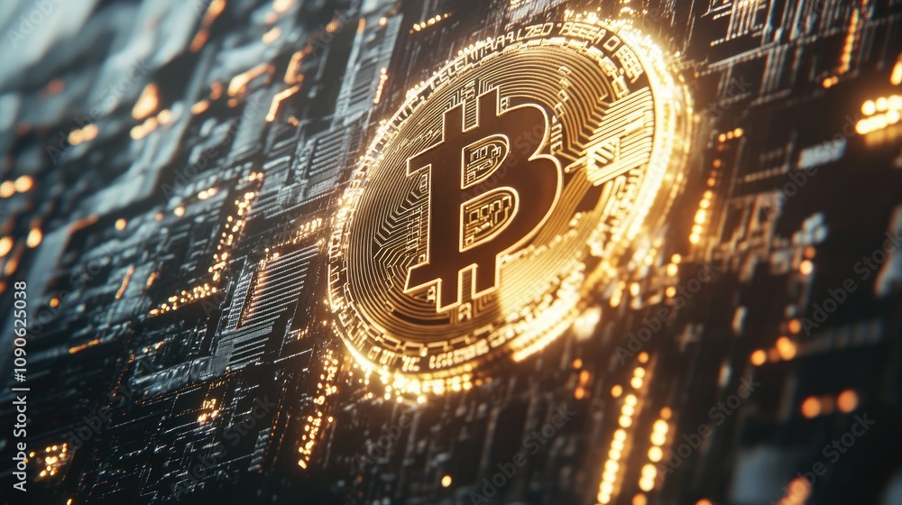 Poster abstract representation of digital currency with a glowing bitcoin symbol set against a futuristic h