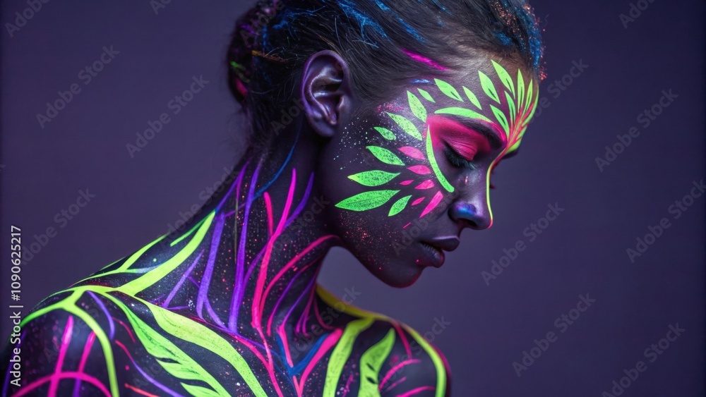 Poster portraying a figure with intricate layers of neon colors including violet and lime green splashed ar