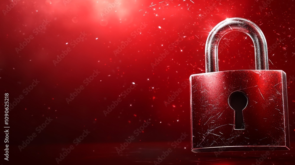 Poster bold red lock on matching background, a visual representation of security and protection