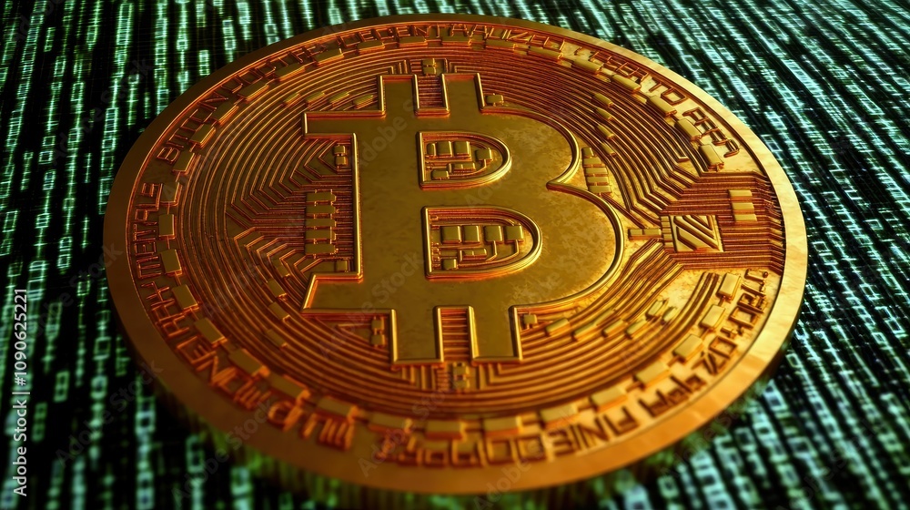 Poster 3d render of a golden bitcoin on a dark background with cryptographic symbols, representing digital 