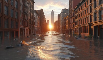 Fototapeta premium Flooded Urban Street at Sunset