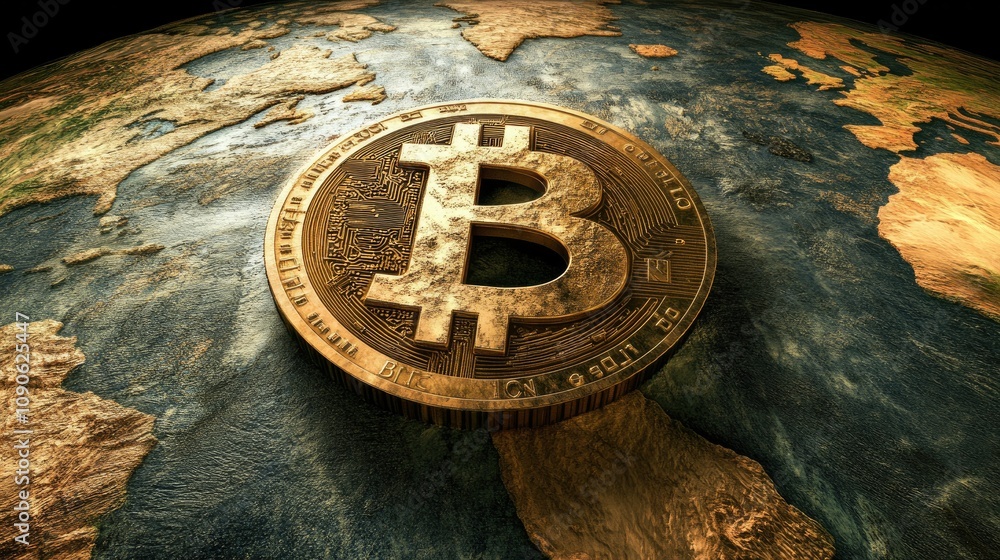 Poster a stunning 3d visualization of a bitcoin coin resting on a detailed earth map, symbolizing the inter