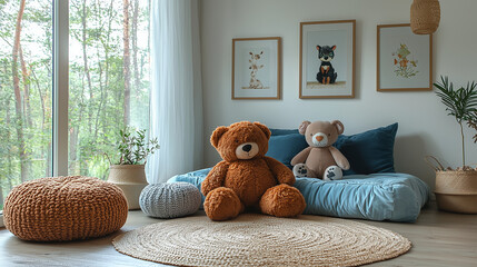Cozy Playroom: A pair of cuddly teddy bears sit on a plush blue bed, surrounded by a cozy and inviting playroom setting, featuring a large window with a natural view.