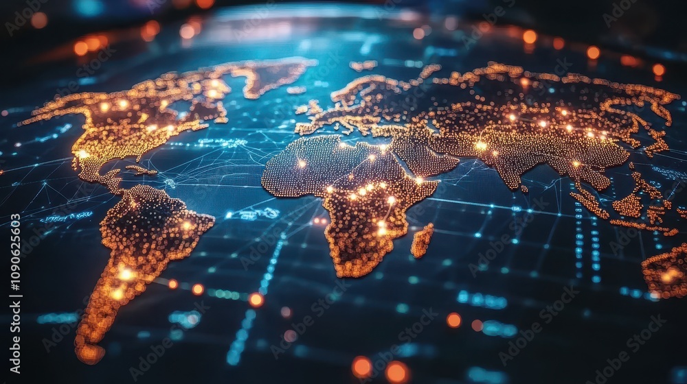 Fototapete a digital world map with glowing nodes and network lines forming a globe, leaving open space at the 