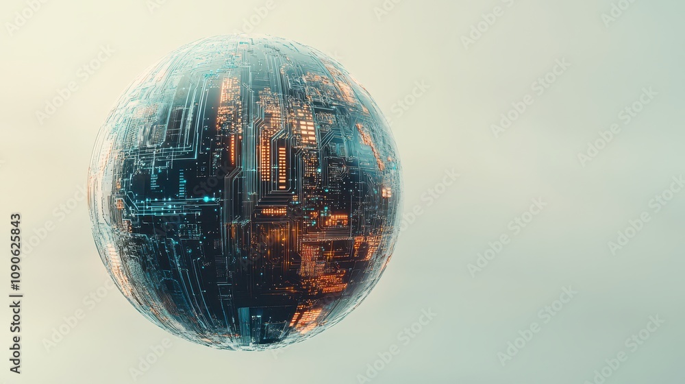 Poster a digital world sphere with vibrant circuits and global connections, set against a clean, minimal ba