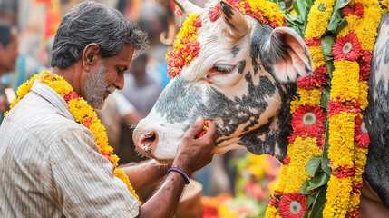 Man Decorating a Cow with Garlands for Pongal