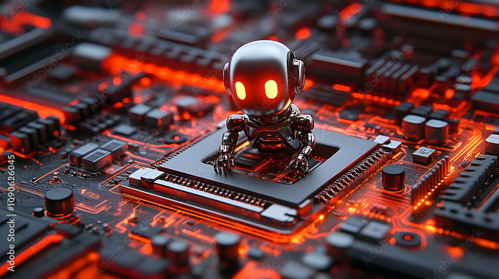 Poster 3d render of a chrome robot interacting with a glowing circuit board