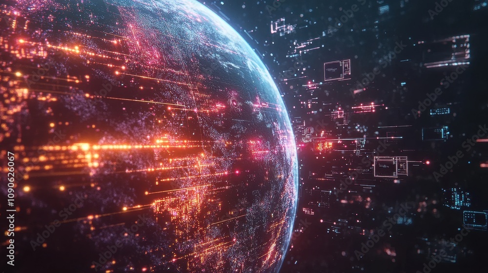 Poster a glowing digital earth surrounded by floating technology icons and glowing lines, offering blank sp
