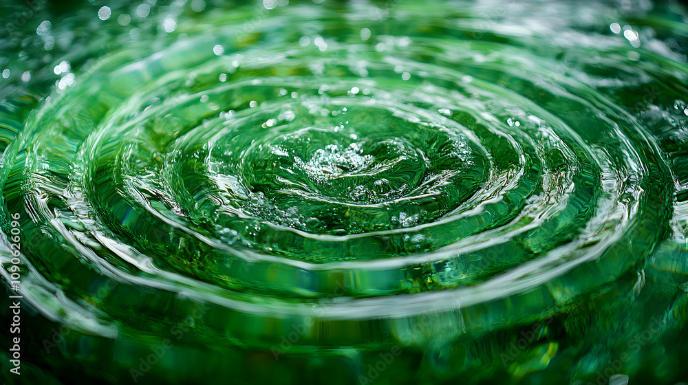 Poster vibrant green water ripples expanding outward in concentric circles, creating a mesmerizing abstract