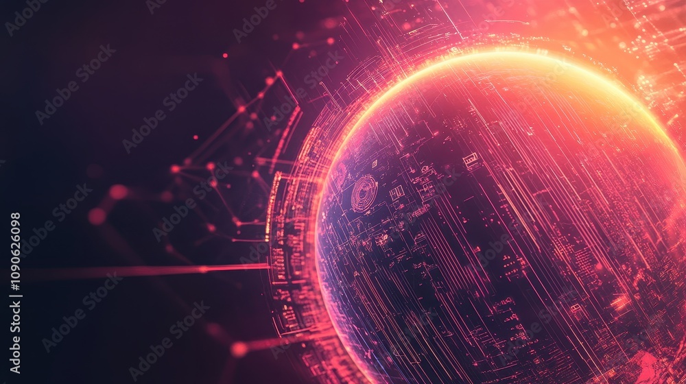 Poster a glowing digital globe surrounded by abstract technology lines and icons, with ample space on the r