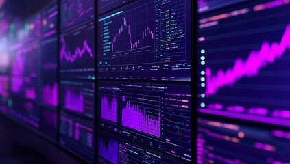 Obraz premium Purple stock market data screens for financial analysis and technology concepts