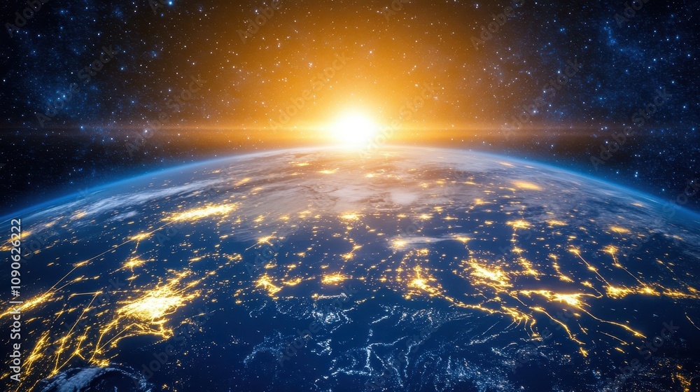Poster a glowing globe representing global digital networks, with futuristic tech elements and plenty of sp