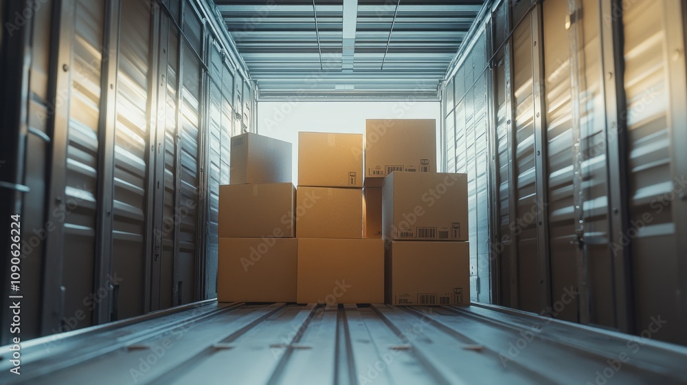Poster stack of cardboard boxes in an open shipping container with sunlight streaming through the doors, sy