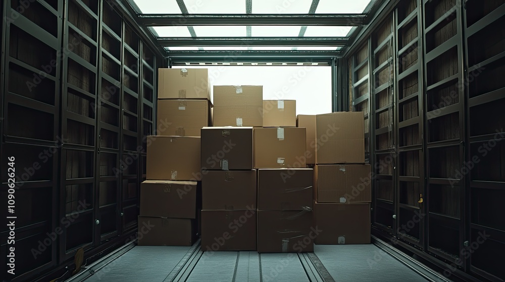 Poster stacked cardboard boxes in a shipping container ready for delivery during daylight, organized transp