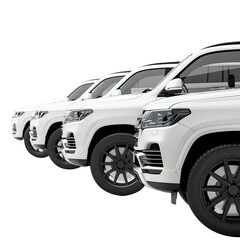 fleet of white cars in a row isolated from transparent background