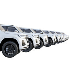fleet of white cars in a row isolated from transparent background