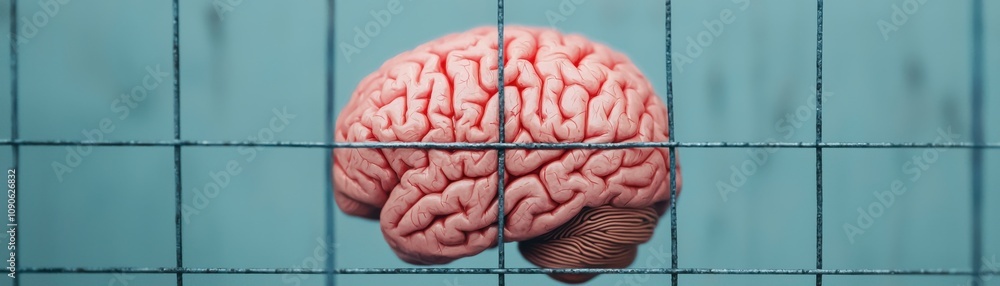 Poster a detailed image of a human brain displayed against a blue background, showcasing its intricate stru