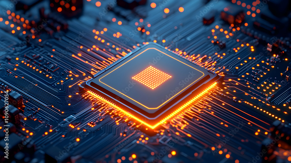 Poster 3d render of illuminated microchip on circuit board, glowing orange, high-tech technology background