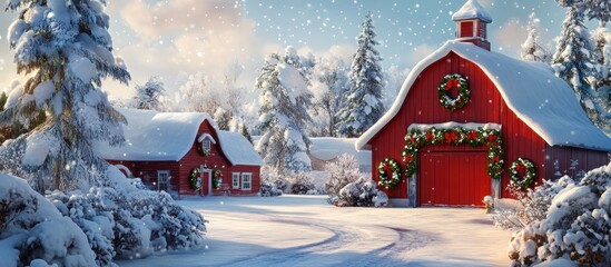 Festive red barns in a snowy winter wonderland, adorned with wreaths and garlands.