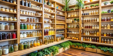Fototapeta premium Wooden Shelves Filled With Glass Jars of Herbs and Spices, Rustic Kitchen Storage, Botanical, Natural, Herbalism , Kitchen