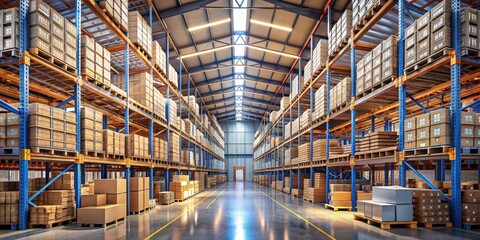 Warehouse Interior with Cardboard Boxes on Shelves, Industrial, Logistics
